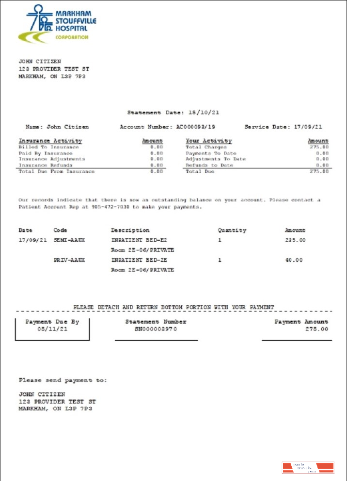 Canada Markham Stouffville Hospital medical insurance statement template in .doc and .pdf format